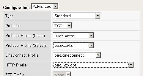 In our example, we select bea-tcp-wan. 10. From the Protocol Profile (Server) list, select the name of the profile you created in the Creating the LAN optimized TCP profile section.