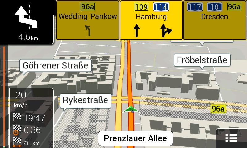 Highlighted arrows represent the lanes and the direction you need to take. Where additional information is available, arrows are replaced by signposts. Signposts are displayed at the top of the map.