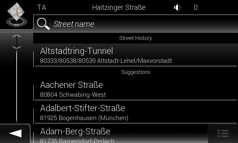 b. (optional) On the Select Street screen, you can immediately select a street from the list of suggestions. c. Otherwise, start entering the street name on the keyboard.