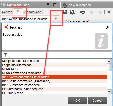Click the black arrow ( ) to open the drop-down menu and select the main dataset template (chapter 2.1), i.e. BPR active substance information (Figure 9).