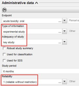 Technical guide: using IUCLID July 2016 39 sections will differ depending on the endpoint section being filled in. Administrative data block Make a selection (e.g. key study ) in the field Adequacy of study using the drop-down menu.