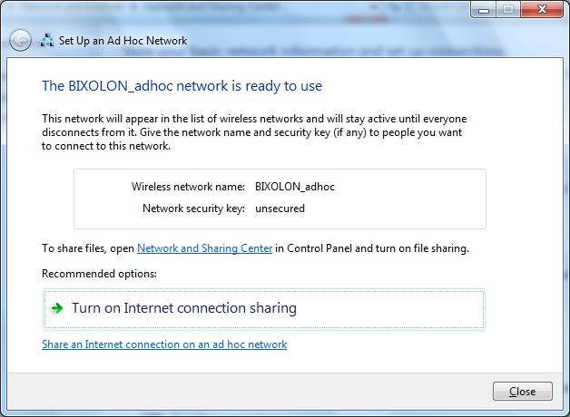 11) Click the Close. 12) After completing configuration, Bixolon_adhoc network will be created.