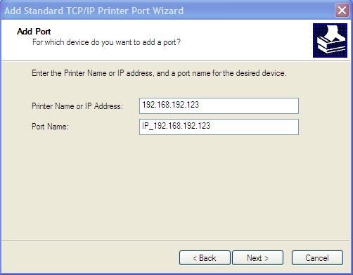 8) Enter the IP address assigned to the printer in the Printer Name or IP Address field in the Add Port pop