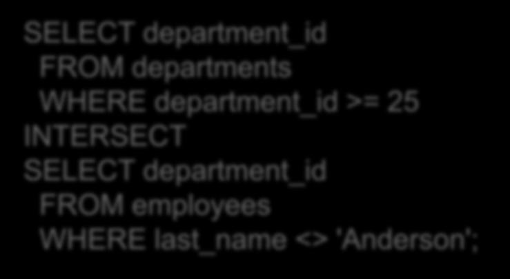 Lecture 3 > Section 1 > Set Operators Explicit Set Operators: INTERSECT INTERSECT clause/operator is used to combine two SELECT statements, but returns rows only from the first SELECT statement that