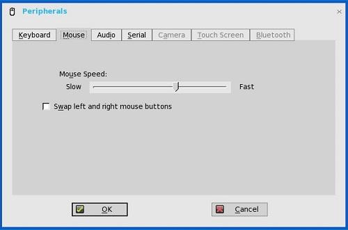 The Peripherals dialog box is displayed. 2. Click the Mouse tab to select the mouse speed and mouse orientation. 3.