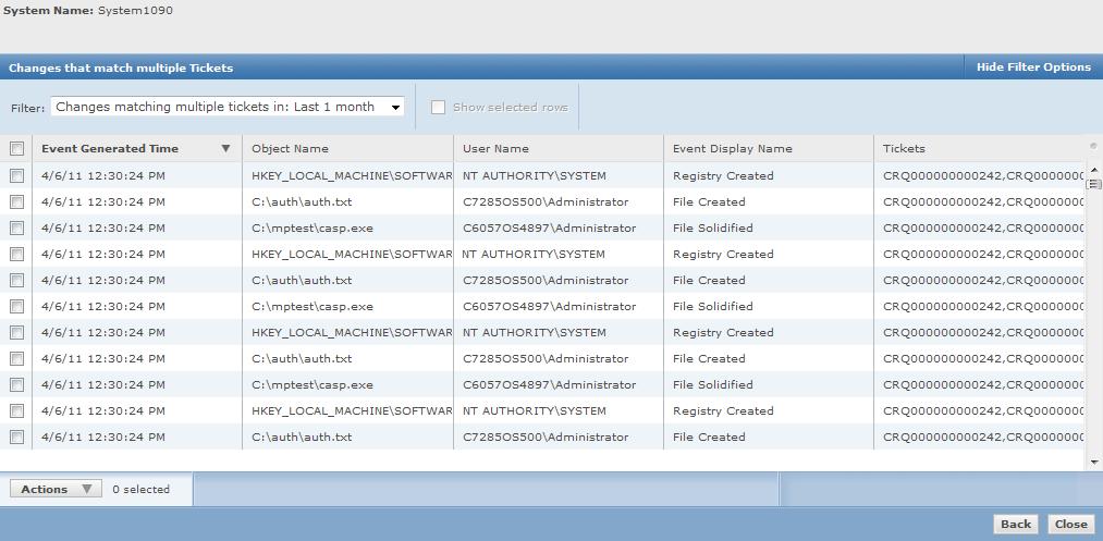 Using queries The Changes that match multiple Tickets page lists all unresolved events for the selected system. 4 Select one or more events. 5 Click Actions Resolve changes.