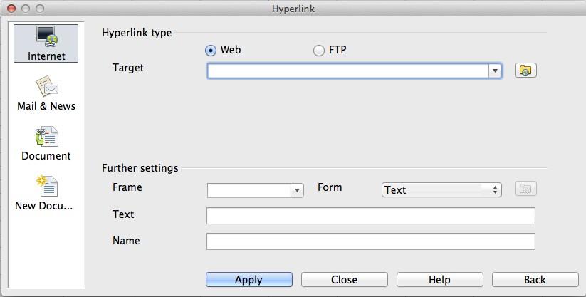 Figure 13. Hyperlink dialog showing details for Internet links For an Internet hyperlink, choose the type of hyperlink (Web or FTP,), and enter the required web address (URL).