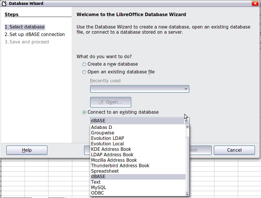 Figure 23: Registering a database using the Database Wizard Viewing data sources Open a document in Calc. To view the data sources available, press F4 or select View > Data Sources from the menu bar.