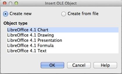Figure 26: Insert OLE object dialog You can either create a new OLE object or create from a file. To create a new object: 1) Select Create new and select the object type among the available options.