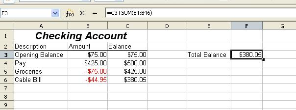 This ledger is set up in the sheet named Checking Account. The total balance is added up in cell F3. You can see the equation for it in the formula bar.