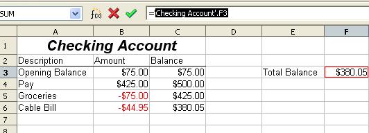 Figure 7: Click on the checking account tab 3) Click on cell F3 (where the balance is) in the Checking Account