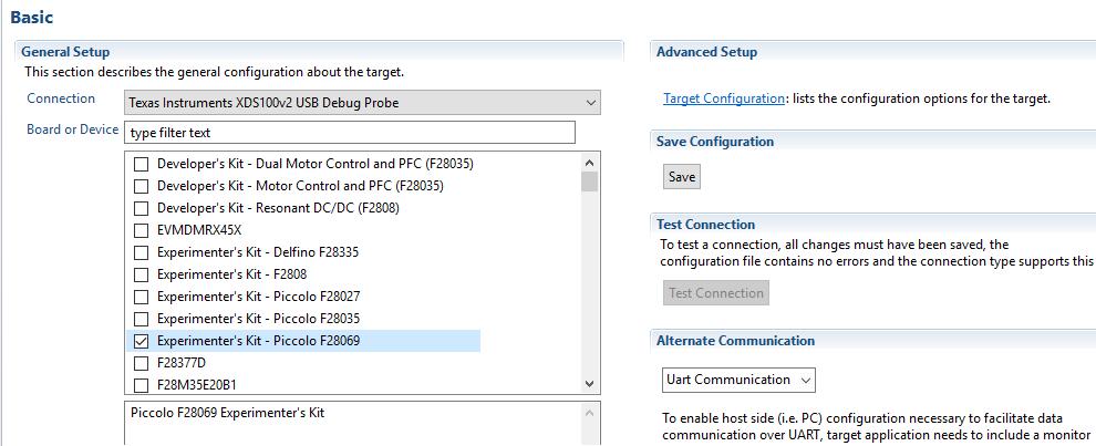 the list box of "Board of Device". Click on Save to save the configuration. Back to the "Target Configurations" dialog, right click on the "F2806x.