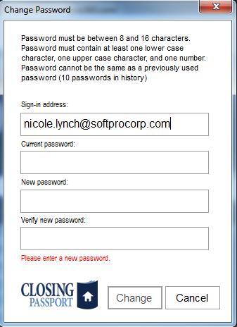 Change Password To change your SoftPro 360 password, click Change Password on the Login screen.