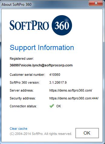 About Screen The SoftPro 360 About Screen provides information about the registered user, customer serial number, SoftPro 360 version, server address, security address and connection