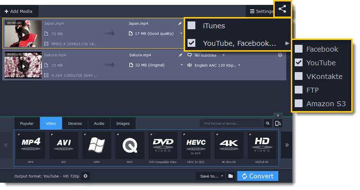 To share the videos right away, click the Upload to button and choose the services that you want to upload videos to.