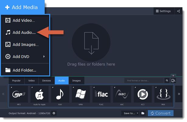 Click Add Media in the upper left-hand corner. 2. Click Add Audio in the pop-up list. 3. A File Explorer dialog box will appear. Choose the audio files you want to convert.