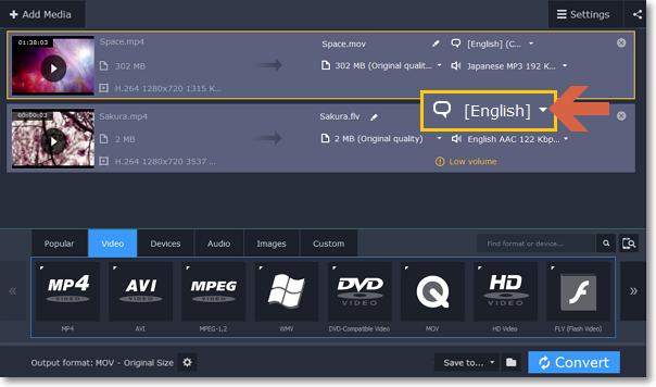 Format Number of audio tracks supported 3GP AVI DVD FLV, SWF MKV MOV MP4 MPEG-1, MPEG-2 1 16 8 1 16 16 16 16 OGV WebM WMV 1 16 16 Choosing a subtitle track When you convert videos, you can