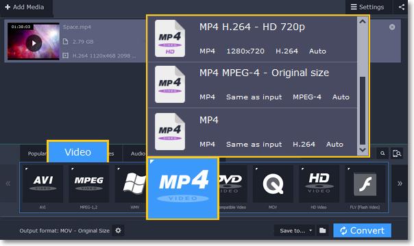 Step 2: Choose the output format The video's format and resolution play a very important role in the output file size. 1. Click the Video tab to see a list of video formats. 2. Click the format you want to convert the videos to.