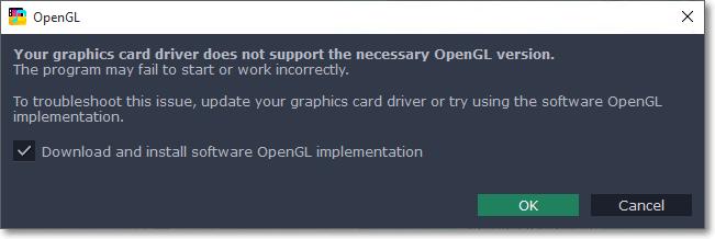 Or, in the main window, open the Settings menu and choose Preferences. There, select the Use software OpenGL implementation option and click OK.