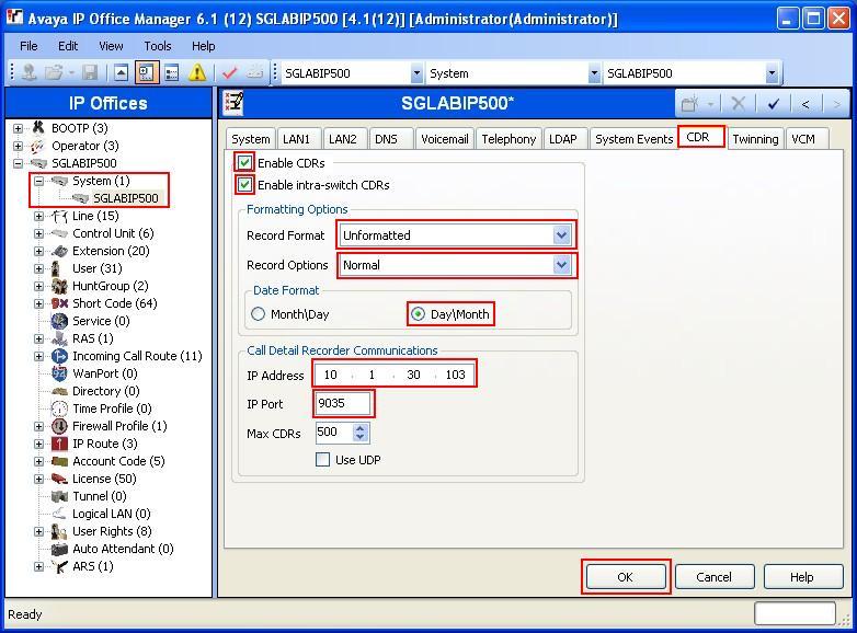 3.2. Configuring Call Detail Record (CDR) settings Step Description 1. In the Avaya IP Office Manager window, expand System on the left navigation menu.