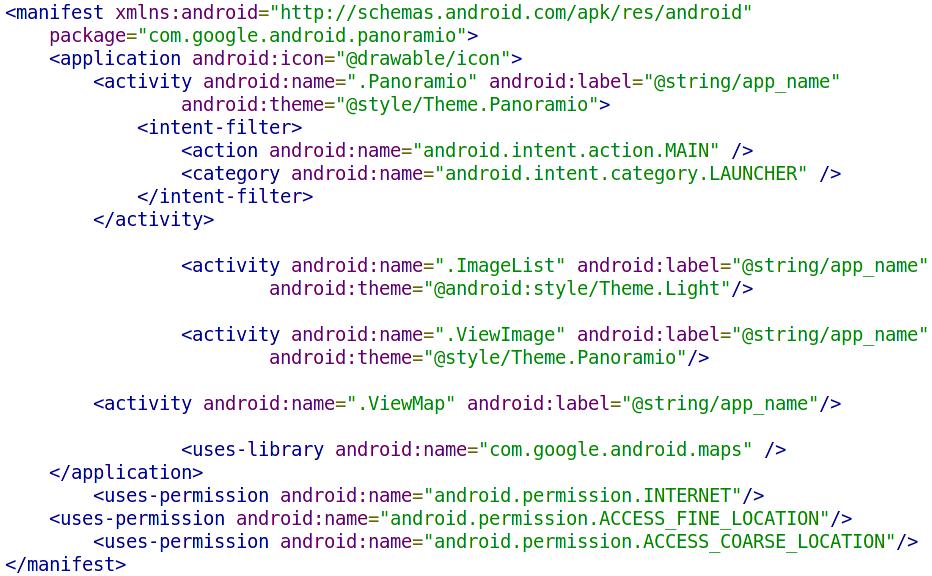 AndroidManifest Example Panoramio App: OSP