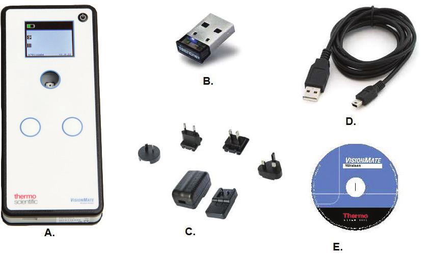 2 - Package contents Your Thermo Scientific VisionMate Wireless Barcode reader package should contain the following items: A. VisionMate Wireless Reader B. USB Bluetooth Dongle C.