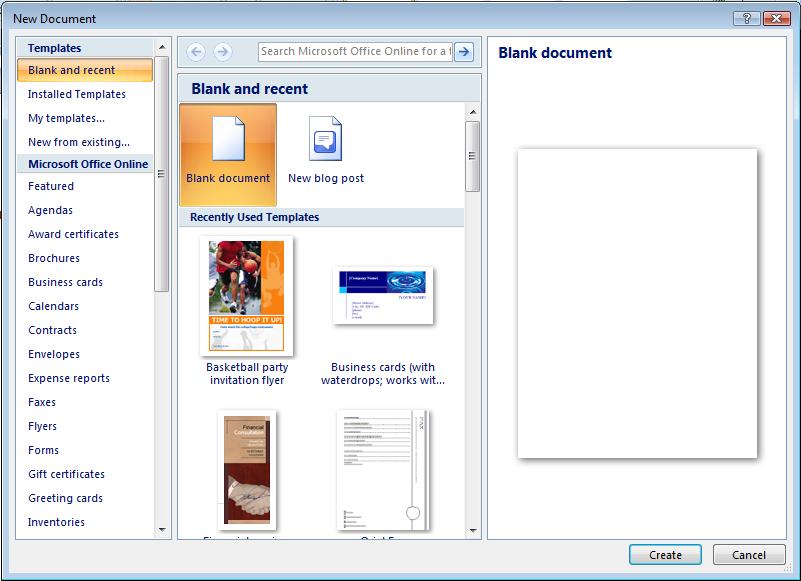 Creating a Document Using a Template New Document dialog box Installed Template