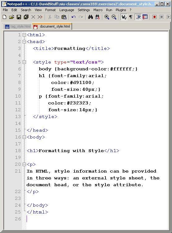 Introducing CSS 2. Document-Level Style Sheet Style Sheet Syntax 1. <style> container tag is situated in the <head>; it has the attribute type, which takes the value text/css 2.