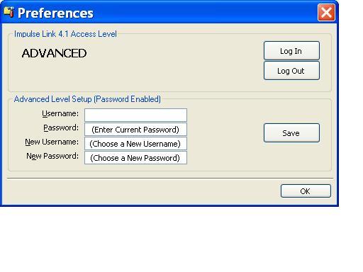 Security / Password Protection The Preferences drop-down menu in IMPULSE LINK 4.1 Basic software allows you to set the access level, username and password.