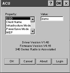 Configuration 9 Figure 3. The ACU Dialog Box 4 Select SSID from the Property list. 5 Enter the ESS ID this mobile device will use in the Value text box. 6 Tap OK.
