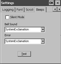 Configuration 29 Figure 16. The Beeps Tab To configure the mobile device to operate without sound, select the Silent Mode option.