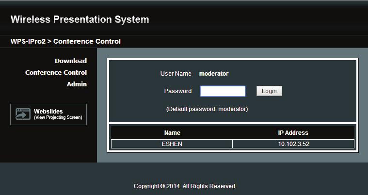 10.3 Conference Control 1) Select Conference Control function, you can find the current connected user list on this page. 2) Enter password and then press [Login].