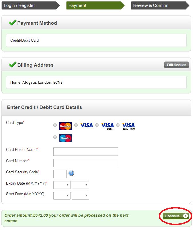 After you have entered your payment details and clicked Continue, you will be taken to the final confirmation screen.