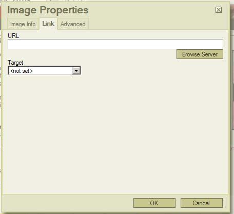 To add a link to an existing image on the page, Right click on the image to select it and then click Image Properties to open the Image Properties window. (displayed above). Then select the Link tab.