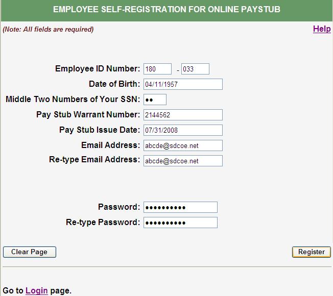 Use the Employee Self-Registration for Online Paystub screen to complete the one-time registration process. Each of the nine fields is required. To register enter: 1.