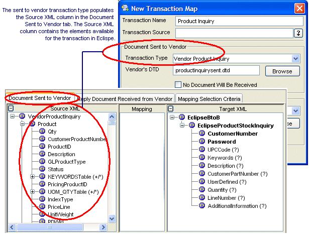 Rel. 8.6.4 (Eterm)8.6.2 (Eterm) Business Connect XML The DTD you select in the Document Sent to Vendor area of the New Transaction Map dialog box populates the Target XML column in the Document Sent to Vendor tab.