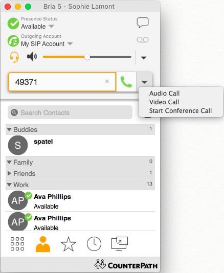 Audio and video calls Placing an audio or video call Tap Make a call button a second time. Select Audio Call or Video Call from the drop-down menu. Bria 5 makes the call.