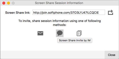 Screen sharing Inviting participants to view your screen share 3. The Screen Share Session Information dialog opens up. 4. Click the Screen Share invite by IM icon. The Messages window opens. 5.