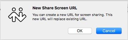 Click on the Generate a new Screen Share link icon in the Screen Share Session Information dialog. A confirmation dialog appears. 2. Click OK in the New Share Screen URL dialog.