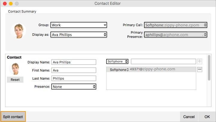 Click Split Contact in the Contact Profile (Windows) or Contact Editor (Mac)