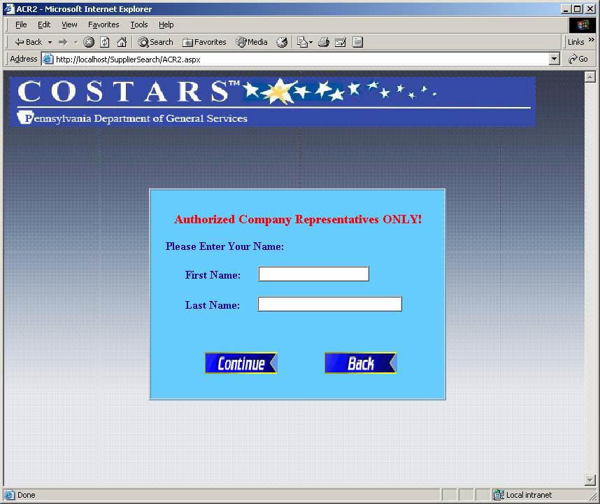 State Contract COSTARS Supplier Sales Reporting System User s Manual From the COSTARS home page (www.dgs.state.pa.us/costars), click on the Suppliers button.
