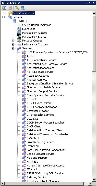 Server Explorer Server Explorer Windows provides an interface for your application to connect to SERVICES in your local or network computer such as DATABASES, FILES, Services, etc.