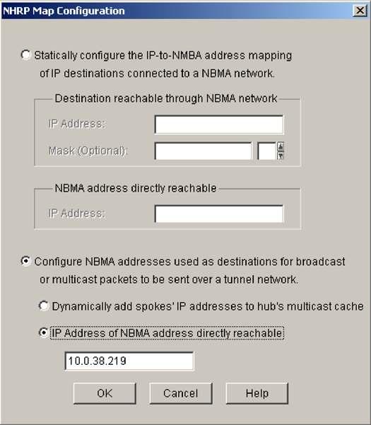 Step 18: NHRP Map Configuration Select Configure NBMA addresses, which is used as destinations for broadcast or multicast packets, then select IP Address of NBMA
