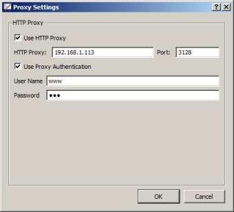 This opens the following dialog: The check boxes allow you to specify whether to use an HTTP proxy (and optionally, proxy authentication).