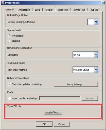 VISUAL EFFECTS SETTINGS You can change various visual effects settings for StarBoard Software.