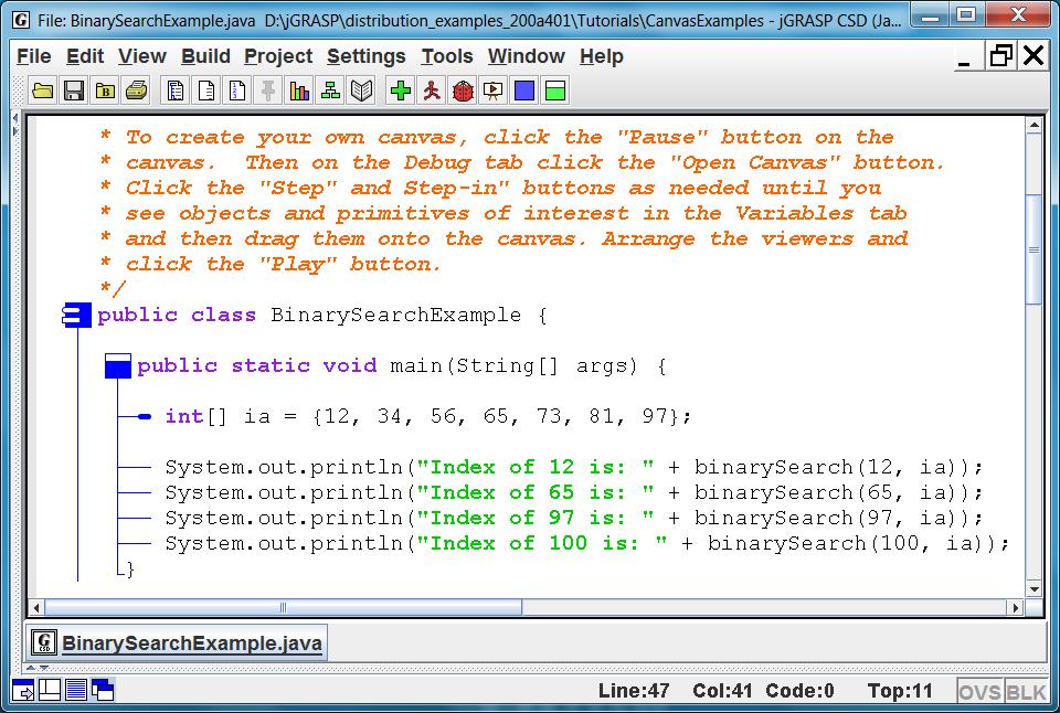 12.3 Viewing an Array on the Canvas BinarySearchExample Now let s look at a program that includes an array.