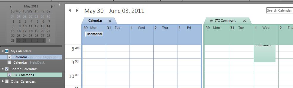 The calendar will now appear in the outlook window displayed next to your personal