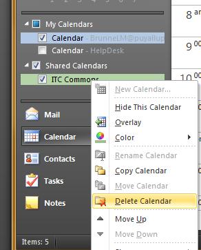 Figure 10 To permanently remove a shared calendar from your calendar list in Outlook 2010, right-click on the calendar you no longer want to view and select Delete Calendar.