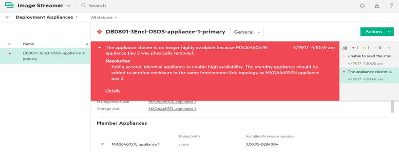 When the appliance removal operation is in progress, ignore the following alert that appears in the OS Deployment Servers screen in HPE OneView user