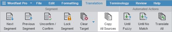 11. Translate Files SEGMENTS Copy All Sources To copy all source segments to all target segments: On the TXLF Editor, click Copy All Sources on the Translation tab.